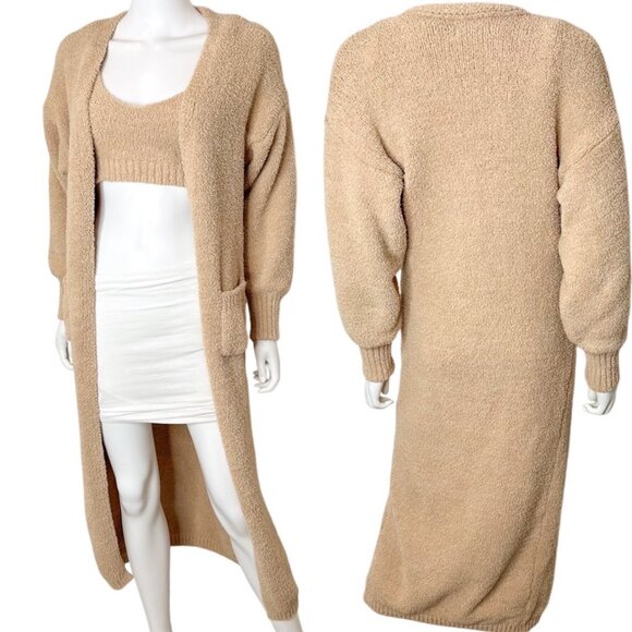 RESA Teddy Cozy Lounge Set Bralette Crop Top and Cardigan Robe in Taupe Tan Sz S - Picture 4 of 15